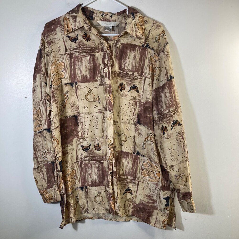 Womens Melrose Studio Silk‎ Equestrian Graphic Shirt Tan Brown S Silk Oversized